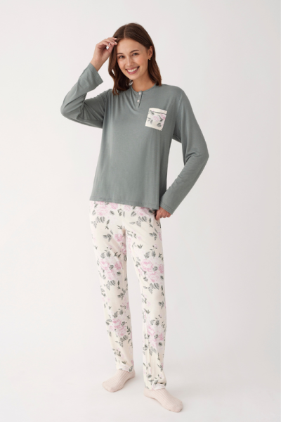 Conjunto 3 Piezas bata y pijama VERDE VINTAGE, Promise