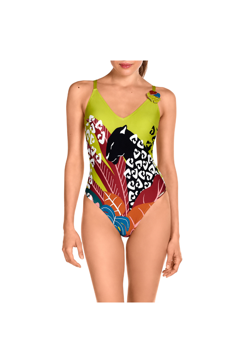 Bañador Tropical Pantera Verde Lima 2501 | Escote V y Espalda Cruzada, Dolores Cortés