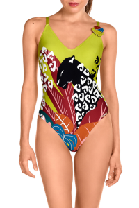 Bañador Tropical Pantera Verde Lima 2501 | Escote V y Espalda Cruzada, Dolores Cortés