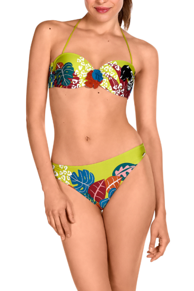 Bikini Bandeau Tropical Verde Lima | Estampado Hojas Multicolor | Dolores Cortés