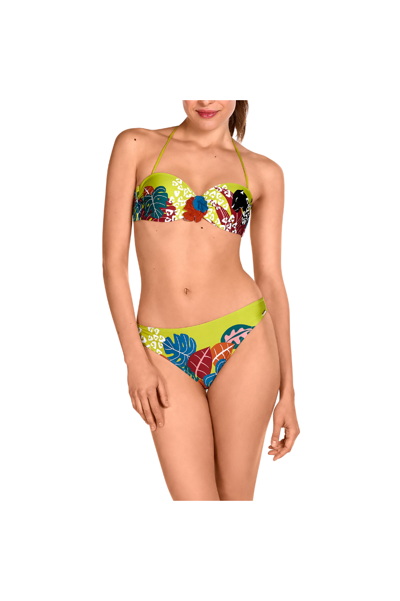Bikini Bandeau Tropical Verde Lima | Estampado Hojas Multicolor | Dolores Cortés
