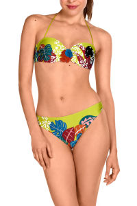 Bikini Bandeau Tropical Verde Lima | Estampado Hojas Multicolor | Dolores Cortés