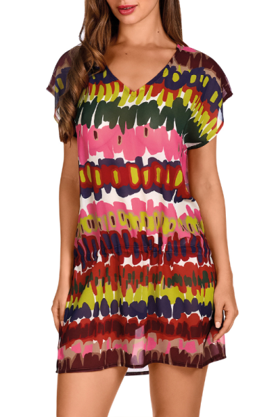 Vestido Playero Kaftan Dolores Cortés 2605 | Étnico Multicolor Cintura Anudada | Comprar Online