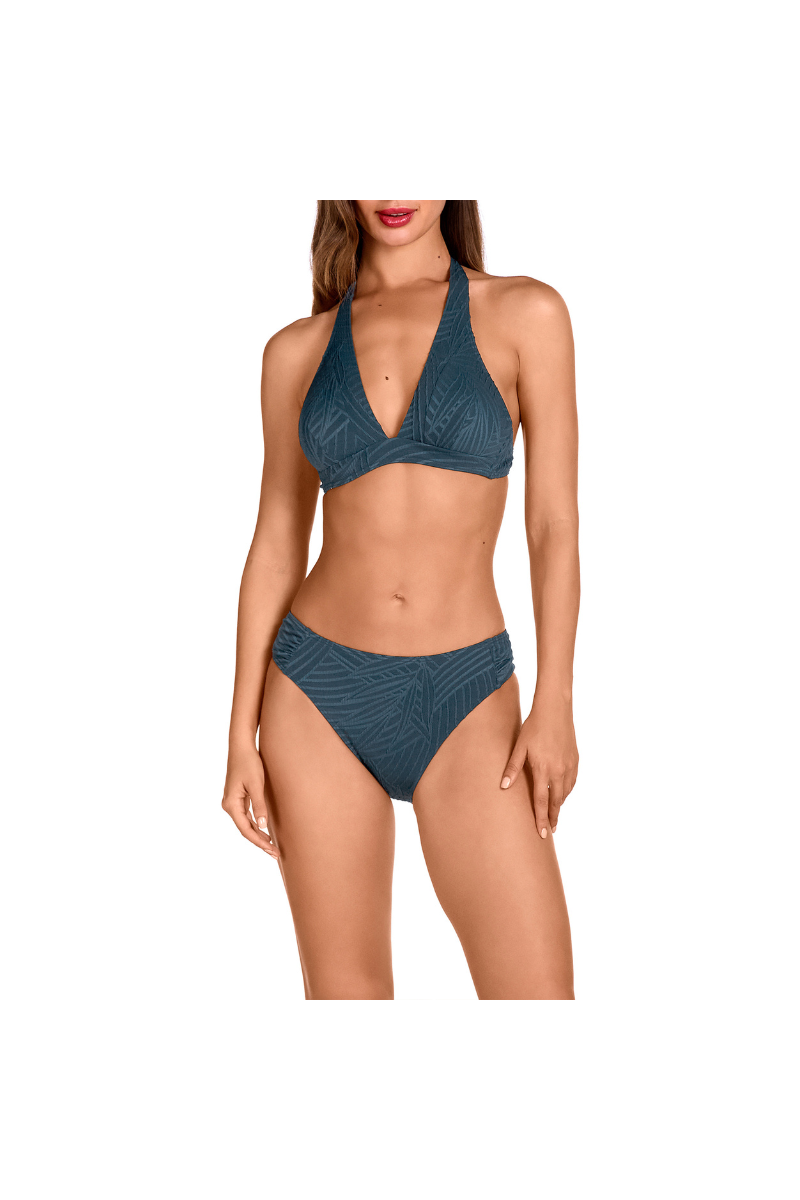 Bikini Textura Hojas Azul Petróleo Dolores Cortés 2586 | Top Halter Copa C y Braguita Clásica | Comprar Online