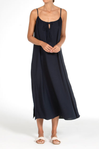 Vestido Largo Brise Azul Marino Janira | Gasa Ligera Escote Cordón Maxi Suelto | Comprar Online
