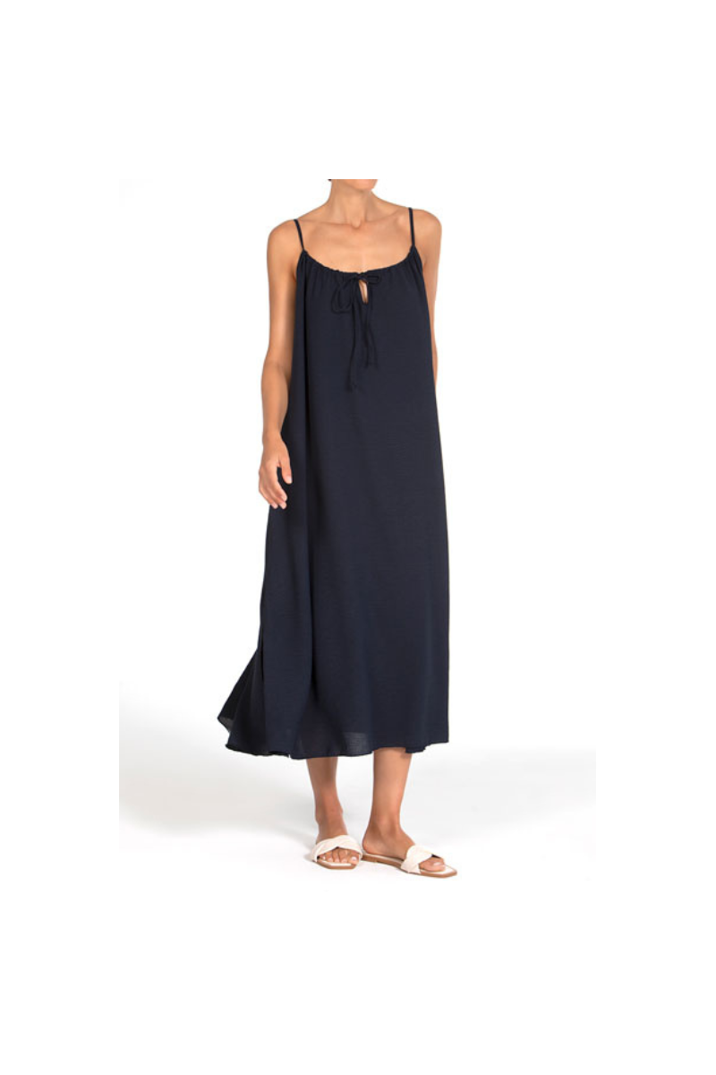 Vestido Largo Brise Azul Marino Janira | Gasa Ligera Escote Cordón Maxi Suelto | Comprar Online