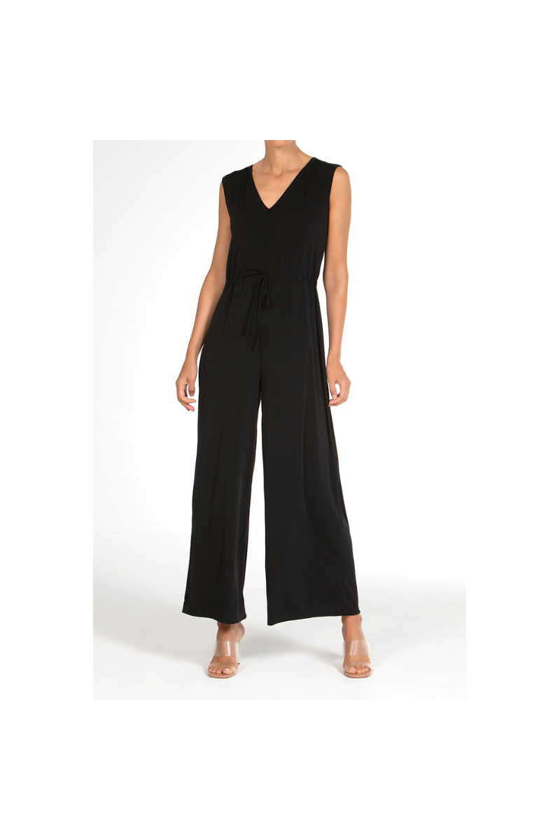 Mono Largo Crep Janira | Pata Ancha Escote V Cintura Anudada · Negro y Taupe | Comprar Online