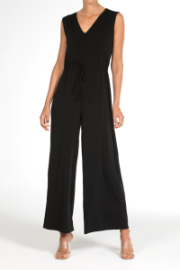 Mono Largo Crep Janira | Pata Ancha Escote V Cintura Anudada · Negro y Taupe | Comprar Online
