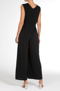 Mono Largo Crep Janira | Pata Ancha Escote V Cintura Anudada · Negro y Taupe | Comprar Online