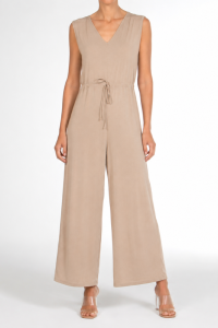 Mono Largo Crep Janira | Pata Ancha Escote V Cintura Anudada · Negro y Taupe | Comprar Online