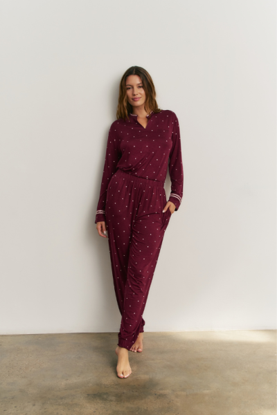 Pijama largo mujer burdeos lunares viscosa | Vicamar