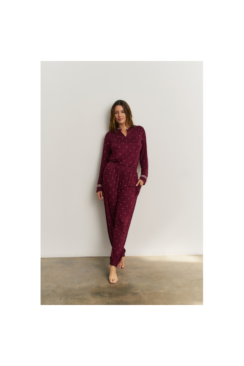 Pijama largo mujer burdeos lunares viscosa | Vicamar