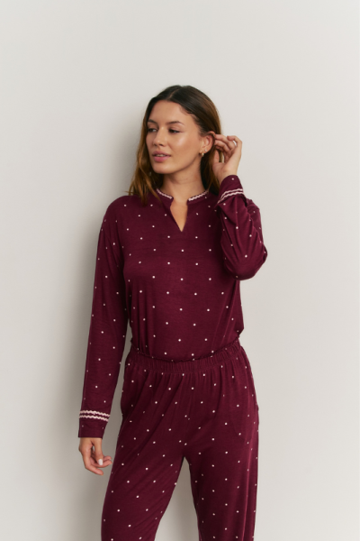 Pijama largo mujer burdeos lunares viscosa | Vicamar