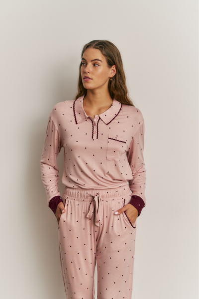 Pijama polo mujer rosa con lunares burdeos | Vicamar