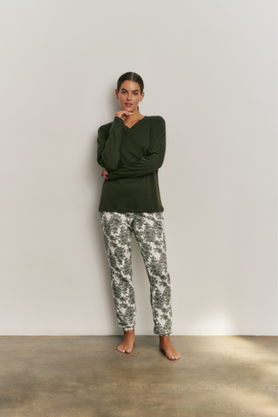 Pijama y bata 3 piezas mujer verde floral | Vicamar